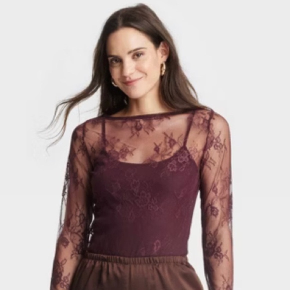 a new day Lace Overlay Camisole Sheer Long Sleeve Top Burgundy Wine Sz L